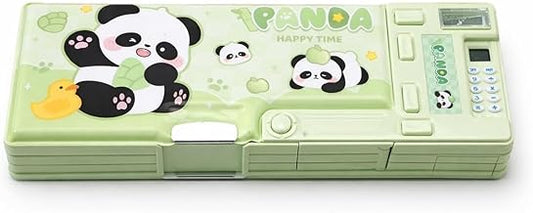 All-in-One Pencil Box for Kids | Calculator, Sharpener & Writing Pad | Large Capacity Magnetic Pencil Case for School Boys & Girls (Happy Panda Green)