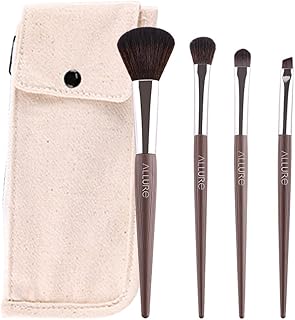 ALLURE Chocolate Brown Professional Makeup Brush Set, 4 Pieces, Synthetic Fiber, Wooden Handle, with Travel Bag, for Face and Eyes