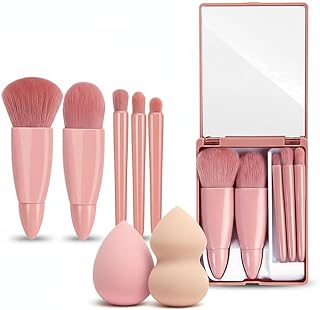 8-in-1 Travel Makeup Brush Set with Built-in Mirror | Professional Mini Makeup Kit with 5 Brushes & 2 Powder Puffs | Compact & Portable Cosmetic Organ