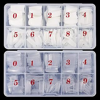 Belicia 200 Pcs Acrylic Nail Tips French Half Cover Fake Nails Artificial Coffin Nails 10 Sizes for Nail Salons and DIY Nail Art Manicure Tool with Bo