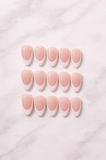 French Tip Press On Nails Short Almond | Nude Pink & White Fake Nails | Glossy Reusable Artificial Nails for Women | Salon Look Manicure | Nail Art Ac
