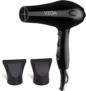 Vega VHDP-02 Professional Hair Dryer For Women & Men- (Pro Touch 1800-2000W) Cool Shot Button, 2 Heat/2 Speed Settings & 2 Detachable Nozzles|Black|20