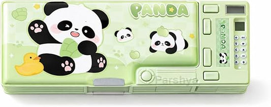 All-in-One Pencil Box for Kids | Calculator, Sharpener & Writing Pad | Large Capacity Magnetic Pencil Case for School Boys & Girls (MSC Panda)