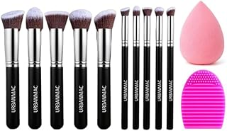 URBANMAC Premium Synthetic Kabuki Foundation Face Powder Blush Eyeshadow Brush Makeup Brush Kit with Blender Sponge and Brush Cleaner (10 pcs, Black/S