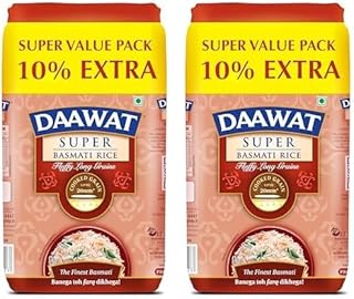 Daawat Super Basmati Rice 1Kg + (100g/200g) | Fluffy Long Grains| Cooked upto 20mm* (Pack of 2)