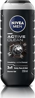 NIVEA Men Body Wash, Active Clean with Active Charcoal, Shower Gel for Body, Face & Hair, 250 ml