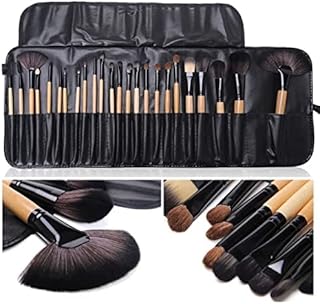 24 Pcs Professional Makeup Brush Set with Leather Storage Case | Soft Synthetic Bristles for Face, Eye & Lip | Wooden Handle Beauty Tools for Blending