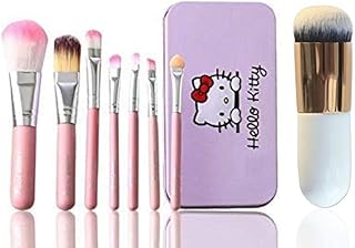 Angelie Hello Kitty Complete Makeup Mini Brush Kit with Storage Plastic Box, Set of 7 Pieces and A Foundation Brush