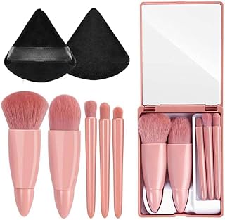 Travel Makeup Brush Set, Foundation Makeup Brush with Mirror 5PCS Cosmetic Brushes Kit Powder Brush, Eyeshadow Brush, Lip Brush Set with Case Professi