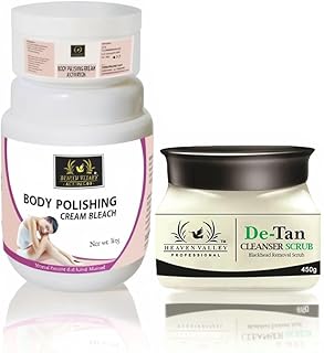 Heaven Valley Body Polishing Cream Bleach + De-Tan Cleanser Scrub Combo | Instant Glow, Tan Removal & Skin Whitening Kit | Professional Salon Bleach &