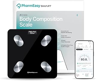 PharmEasy Smart Body Weight Machine with BMI & Body Fat Analyzer, Digital Weighing Scale with 18 Body Composition Parameters for Android & iOS.