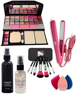 Tya 6155 Multicolour Makeup Kit and 7 Black Brushes Set, 1 Matte Fixer, 1 Makeup Base Primer, 1 Mini Hair Straightener with 3 Beauty Blenders - (Pack