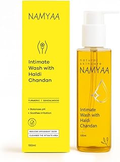 Namyaa Intimate Wash with Haldi Chandan, Prevents Dryness, Itchiness and Irritation | pH Balanced | Prevents Bad smell, 100ml
