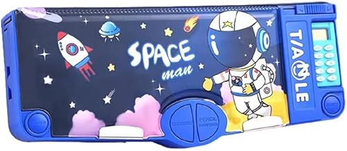 Spaceman Multi-Function Pencil Box for Kids | Magnetic Double-Sided Stationery Case with Calculator, Scissors, Sharpener & Pop-Up Features | Space The