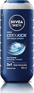 NIVEA MEN Cool Kick 250ml Body Wash| Shower Gel for Face, Body & Hair| Refreshing Icy MENthol|24 H Freshness |For All Skin & Hair Types