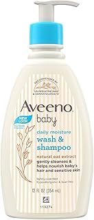 Aveeno Baby Daily Moisture Wash and Shampoo (354ml) | Cleanses hair & body | Oat kernel extract & glycerin | Tear-free, soap-free, paraben-free, hypoa