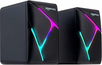 amazon basics 2 X 3W Multimedia PC Gaming Speaker with Aux Connectivity, USB Support, Volume Control, and RGB Lights
