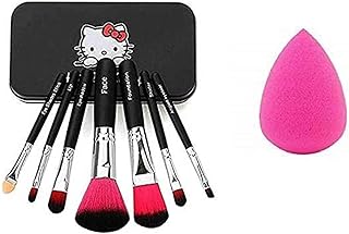 Jangra Women's & Girl's 7 Pcs Black Cosmetics Makeup Brush Set with Kitty Print Storage Case and 1 Pink Beauty Blender - (Pack of 8)