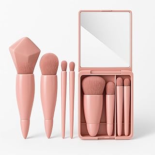 5-in-1 Mini Makeup Brush Set with Mirror Compact Travel-Friendly Pocket Makeup Brushes Kit for Foundation, Eyeshadow, Blush & Powder Portable Cosmetic