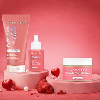 Glamveda Valentine Special 2% Kojic Acid Facewash, Serum & Cream Trio Skincare Gift Set for Women | Brightening, Hydrating & Acne Scar Treatment | Pro