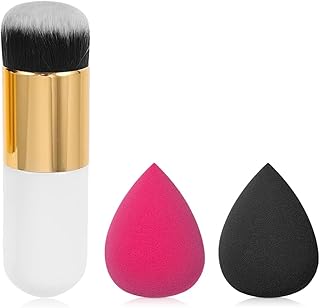 Gleva Powder Foundation Brush & 2Pcs Makeup Blender Combo Set, Premium Flat Top Kabuki Brush for Liquid & Cream Makeup with Professional Make up Spong
