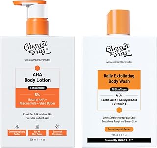 Chemist At Play AHA Body Lotion & Exfoliating Body Wash Combo | With Niacinamide, Shea Butter, Lactic Acid & Vitamin E | For Exfoliating Dead Skin, De