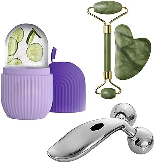 3-In-1 Facial Massage Set Ice Roller Jade Gua Sha 3D Roller Face Massager Jawline Sculpting Tool Anti Ageing Skin Tightening Beauty Kit Face Roller fo