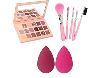 Nudes Eyeshadow Palette Natural Shimmery Matte Finish with 5 Pink Makeup Brushes Set and 2 Pink Beauty Blenders For Women And Girls (Pack of 8)