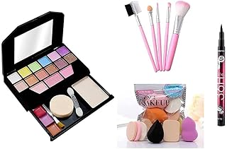 Women's & Girl's Natural Multicolour Makeup Kit with 5 Pink Makeup Brushes Set and 6 Sponges Pack and 1 Liquid Eyeliner, (Pack of 13)