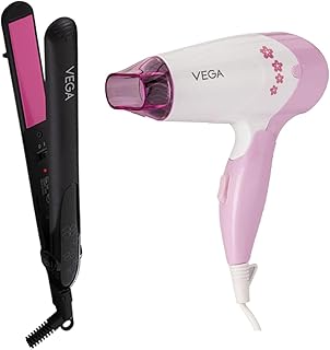 VEGA Adore Hair Straightener (VHSH-18), Colour May Vary & Vega Insta Glam 1000 Hair Dryer (White)