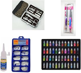 Glowhouse 48 in 1 Set of 3D Nail Art Glitter Bottle,Sparkling Powder Dust Multicolor Glitter Stones,7 Pcs Manicure kit,100 Pcs artifcial Nails with Gl
