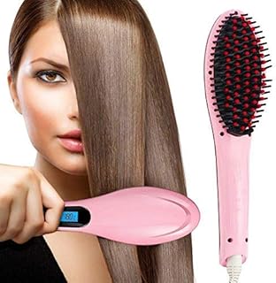 Professional Ceramic Fast Hair Straightener Saloon Style Straightening Comb Brush With Temperature Control (Pink-1)