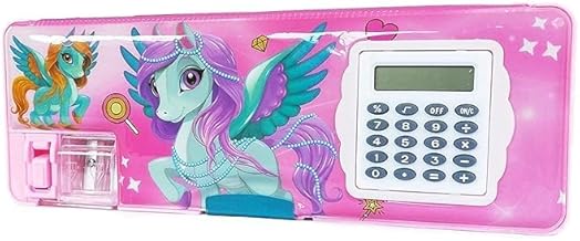 Pencil Box with Calculator for Kids | Multifunctional Plastic Stationery Box with Compartments | Cute Unicorn Design School Geometry Box (Set of 1, Pi