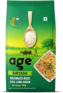 AGE Premium Biryani Basmati Rice, XXXL Extra Long Grain, 1kg Pack | Non-Sticky, Aromatic Longest Grain Rice | Ideal for Hyderabadi Biryani
