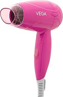 Vega Travel Pro 1000-1200W Hair Dryer for Women with Powerful Motor, 2 Heat/Speed Settings, Detachable Nozzle, Travel Friendly Compact Blow Dryer with