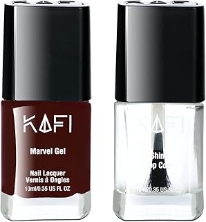 KAFI Duo Pack Gel Effect Nail Polish (Mahogany Maroon) + Protective TOP COAT (Transparent) - Long lasting, Non Toxic, High Shine, Vegan, 10 Free Formu