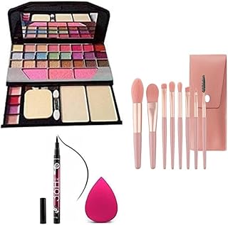 Women's & Girl's Tya 6155 Multicolour Makeup Kit and 8 Pink Makeup Brushes Set, 36H Waterproof Eyeliner Pencil with Pink Beauty Blender - (Pack of 10)