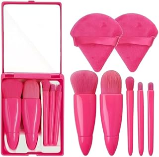 Travel Makeup Brush Set - Mini Portable Cosmetic Brushes Kit for Face Eye Foundation - For Eyeshadow And Easy Blending - Compact Beauty Tools (Rose Re