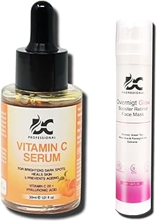 Vitamin C Serum with Hyaluronic Acid and Overnight Glow Booster Retinol Face Mask, Skincare Duo Set for Brightening and Anti-Aging, 30ml Serum and 50g