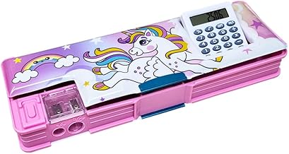 SIDAK Plastic Unicorn Printed Pencil Box With Calculator, Dual Sharpener, Pen & Pencil Holder, Magnetic Door Closure And Birthday Party Return Gift Fo