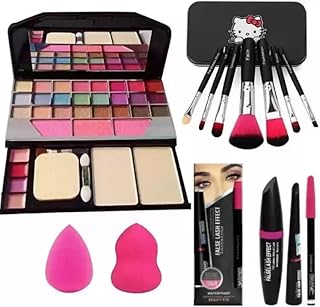SKINPLUS 7pcs Makeup Brush set with Makeup Kit + 2 pc Blender Puff and 3IN1 (KAJAL+MASCARA+EYELINER) Combo (6 Items in the set)