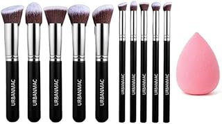 URBANMAC Premium Synthetic Kabuki Foundation Face Powder Blush Eyeshadow Brush Makeup Brush Kit with Blender Sponge (10 pcs, Black/Silver)