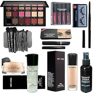 Combo Makeup kit set of-14 Foundation,Primer,Eyeliner, Mascara, Kajal, Loose Face Powder, Eyeshadow, Makeup Brush, Makeup Fixer, Eyelashes and Red Edi