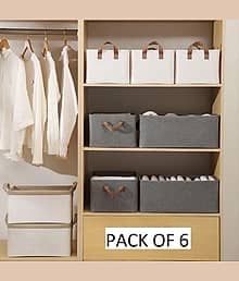 6 Pcs Foldable Storage Box and Organiser with Metal Frame/Woven Fabric Clothes Organiser with Handle/Wardrobe Organizer for Storage/Almirah Organizer