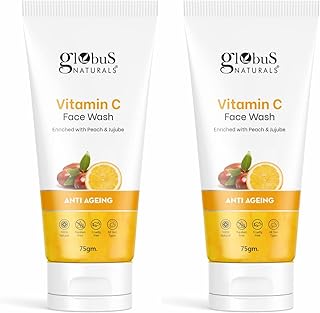 Globus Naturals Anti-Ageing Skin Brightening Vitamin C Face Wash, Enriched with Peach & Jujube, Skin Illuminating & Tan Removal Formula, 75 g (Pack of