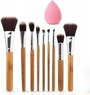 Pink Planet Professional Makeup Brushes Set with Beauty Blender Puff | 9 Pcs Premium Makeup Brush Kit for Face Eyes Lips | Natural Bamboo Wooden Handl