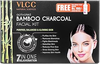 VLCC Activated Bamboo Charcoal Facial Kit with FREE Rose Water Toner - 300g + 100ml | Anti-Blemish Skin Purifying | At Home Facial Kit | Anti-Acne Fac