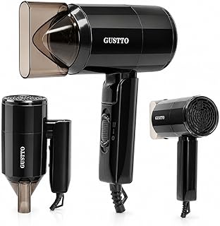 GUSTTO Foldable Hair Dryer, 1100W, 2 Heat and Speed Settings, Compact Travel Size with Hanging Ring (Hexagonal Black), BIS Certified