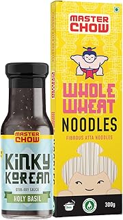 MasterChow Healthy Noodle Pack - Whole Wheat Noodles (300 gm) and Holy Basil Kinky Korean Stir Fry Cooking Sauce (220gm) | No Artificial Color | No Ma