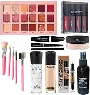 All-in-One Makeup Kit Combo Set for Women – Eyeshadow Palette, Liquid Matte Lipstick Set, Foundation, Primer, Face Powder, Contour Stick, Makeup Brush